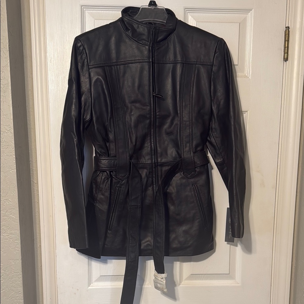 Brown Leather Jacket with Stand-Up Collar and Waist Tie